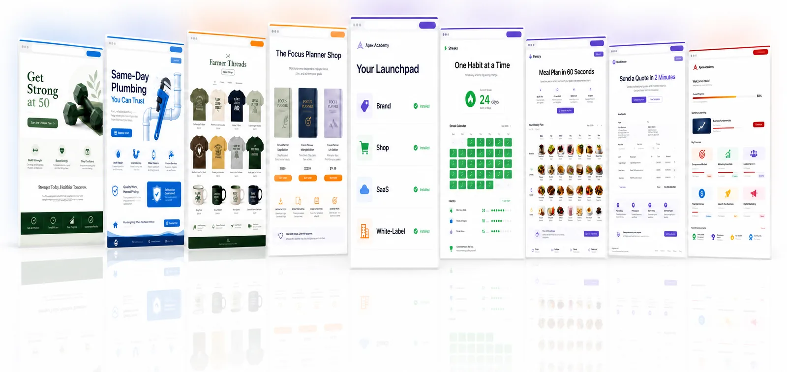 A fanned spread of nine finished member sites: websites, shops, micro apps and a white-label app around the Launchpad